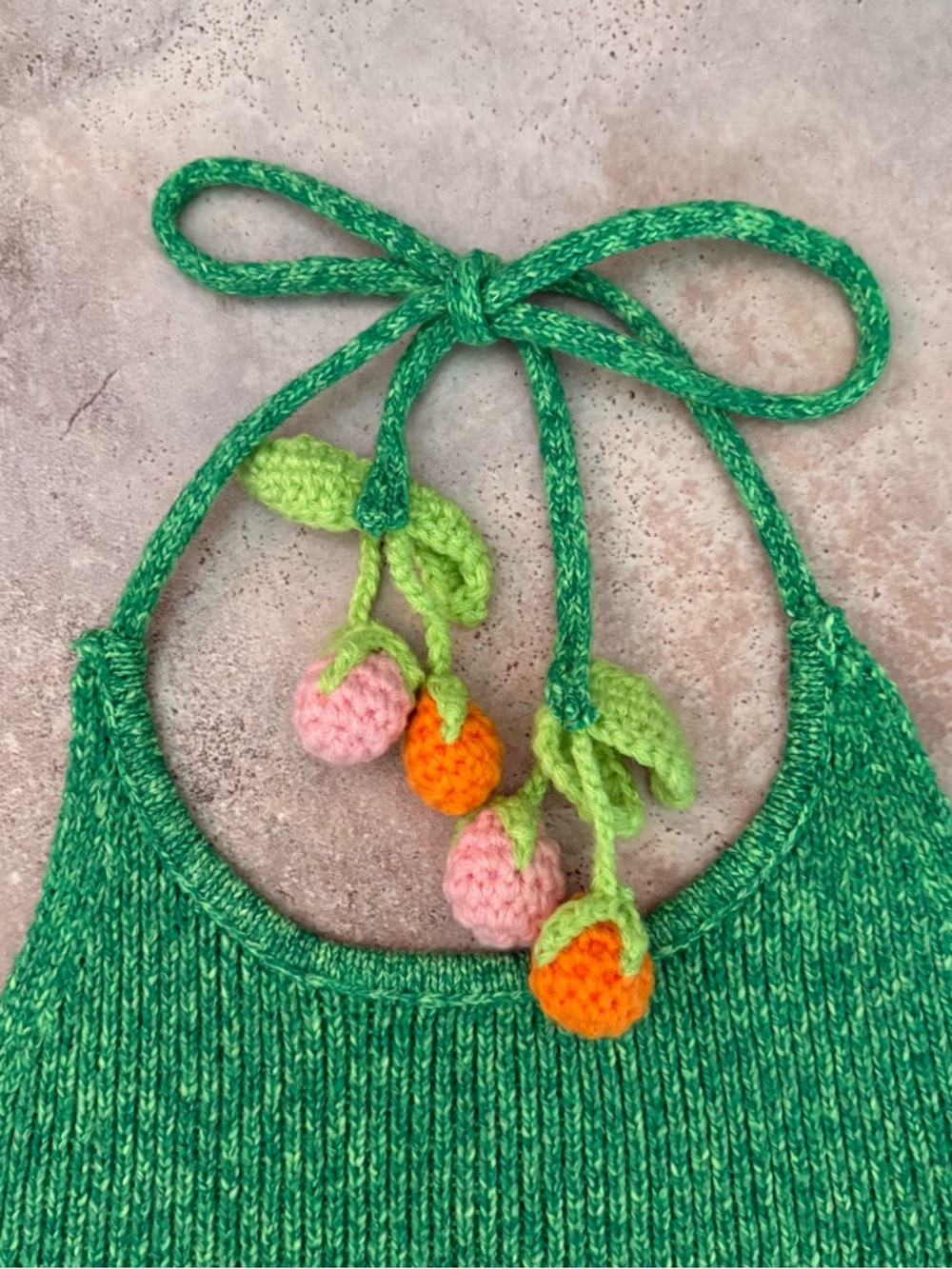 Crochet Fruit Green Halter Top Women’s Large 3D Cottagecore Boho Festival Summer - Picture 3 of 9